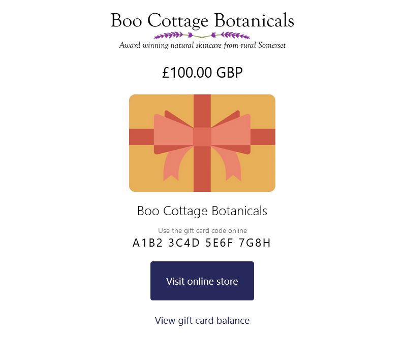 Screenshot of an example £100 gift card from Boo Cottage Botanicals