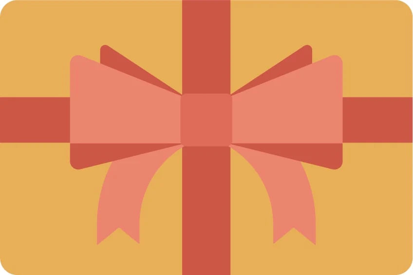Screenshot of an example gift card image. Orange card with a red ribbon