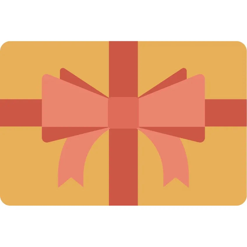 Screenshot of an example gift card image. Orange card with a red ribbon