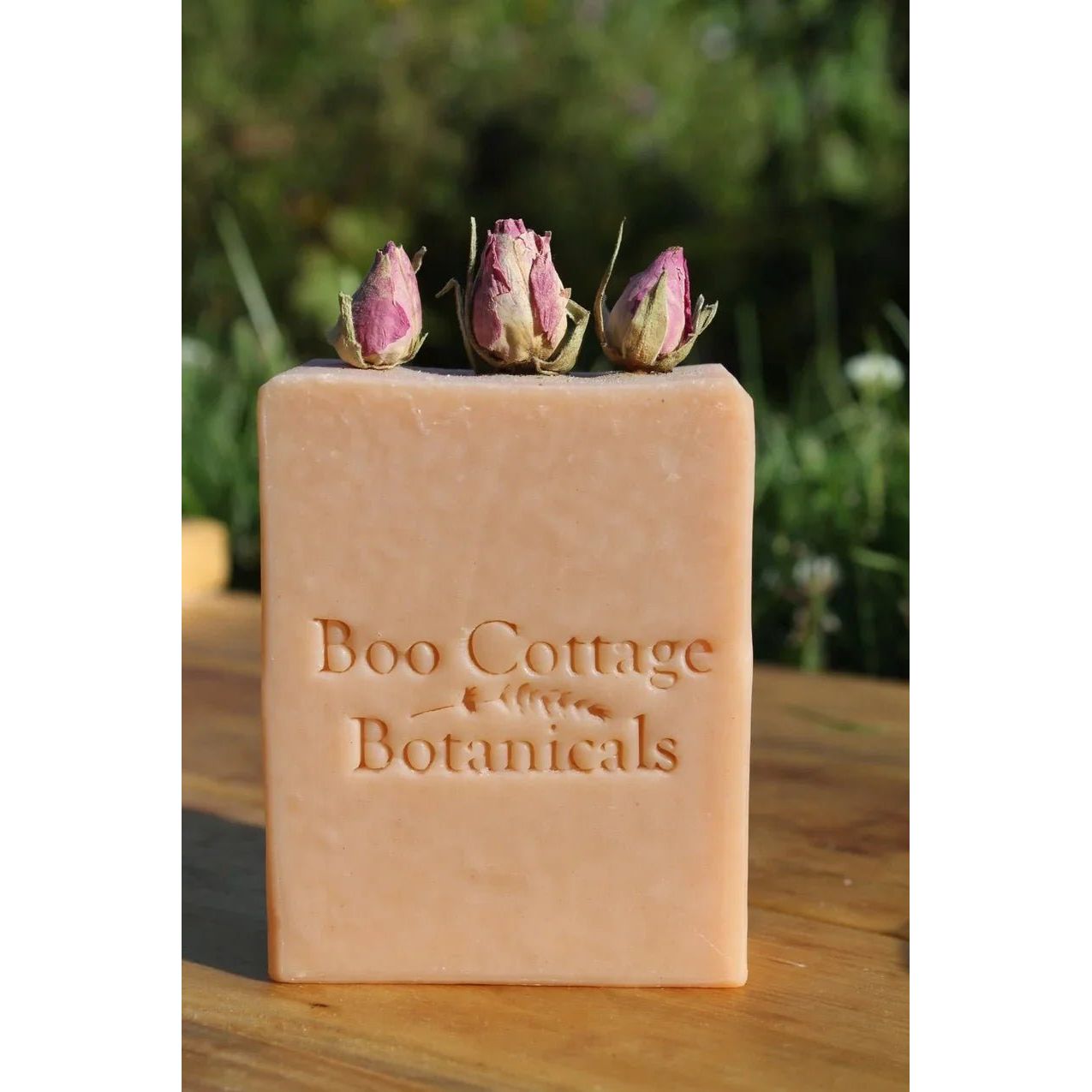 Handmade Boo Cottage Botanicals soap bar with dried rosebuds, natural skincare in Somerset