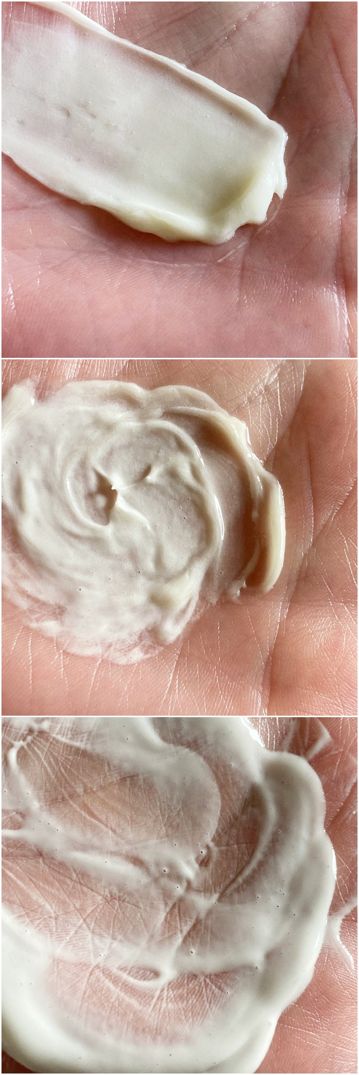 Collection of pictures showing Chamomile cleanser changing from balm to milk with addition of water
