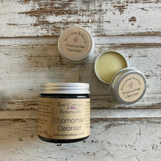 Boo Cottage Botanicals Chamomile Cleanser jars on rustic wood surface, natural skincare product