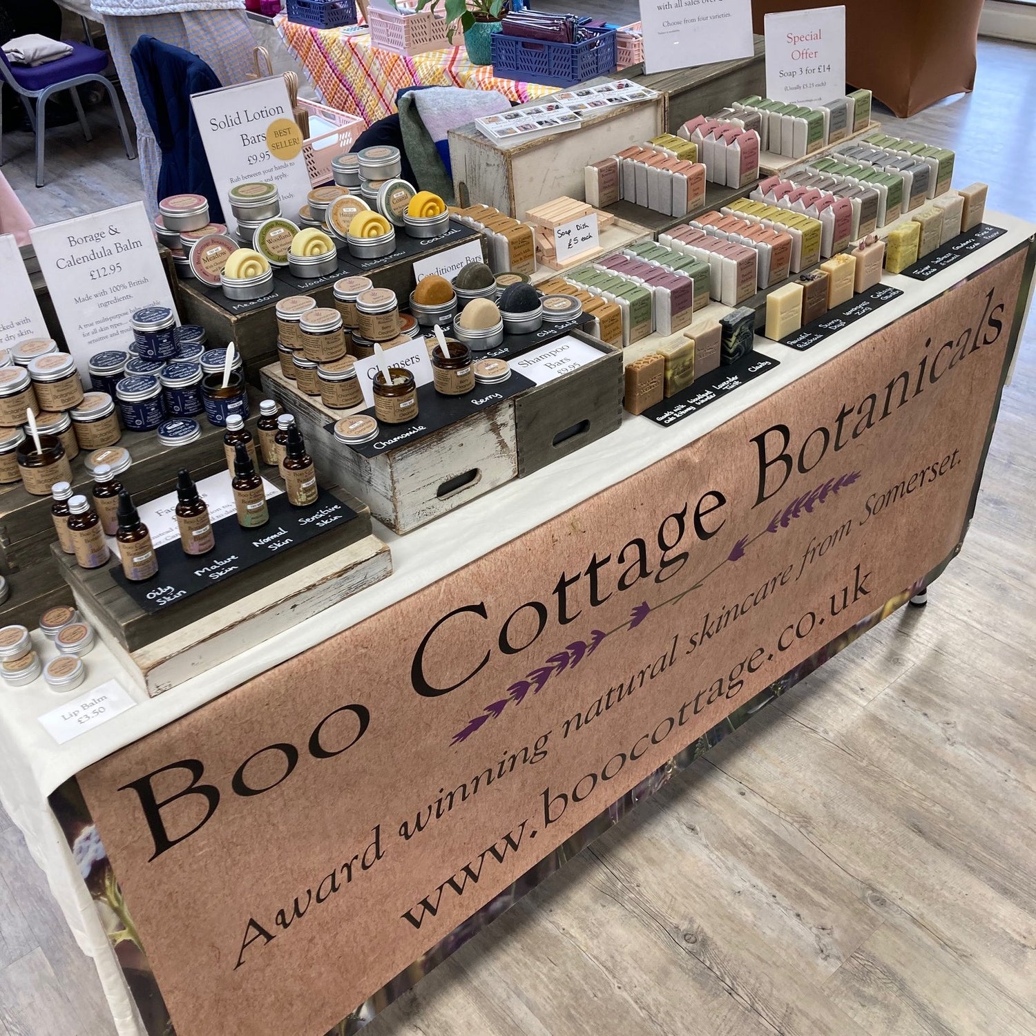 Boo Cottage Botanicals stall set up at an indoor market event