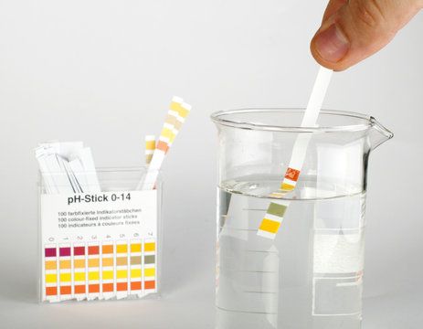 pH test strips being dipped into beaker of clear liquid