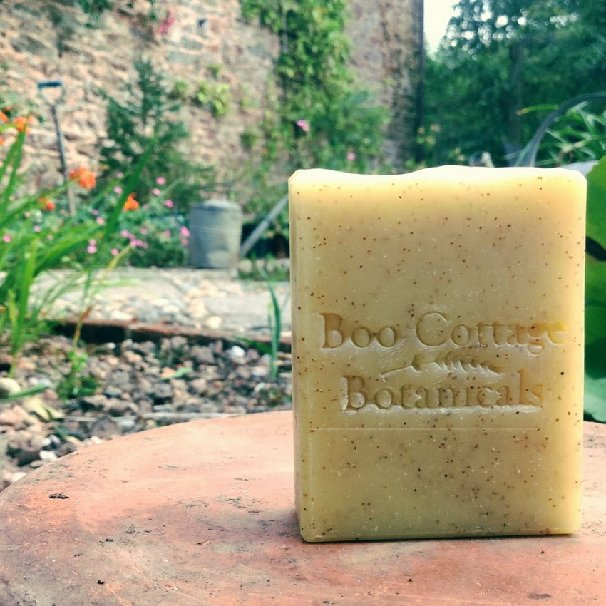 Cream soap bar with small brown speckles on terracotta base with garden in background